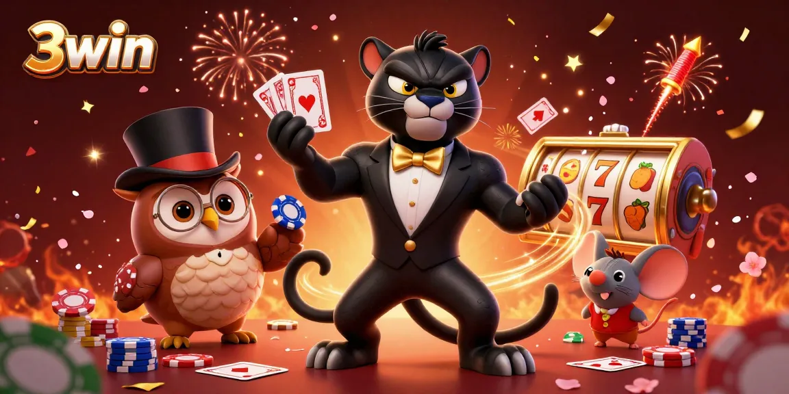 Engage in thrilling 3win casino action with a stylish panther, charming owl, and lucky mouse enjoying rich gameplay and festive elements.