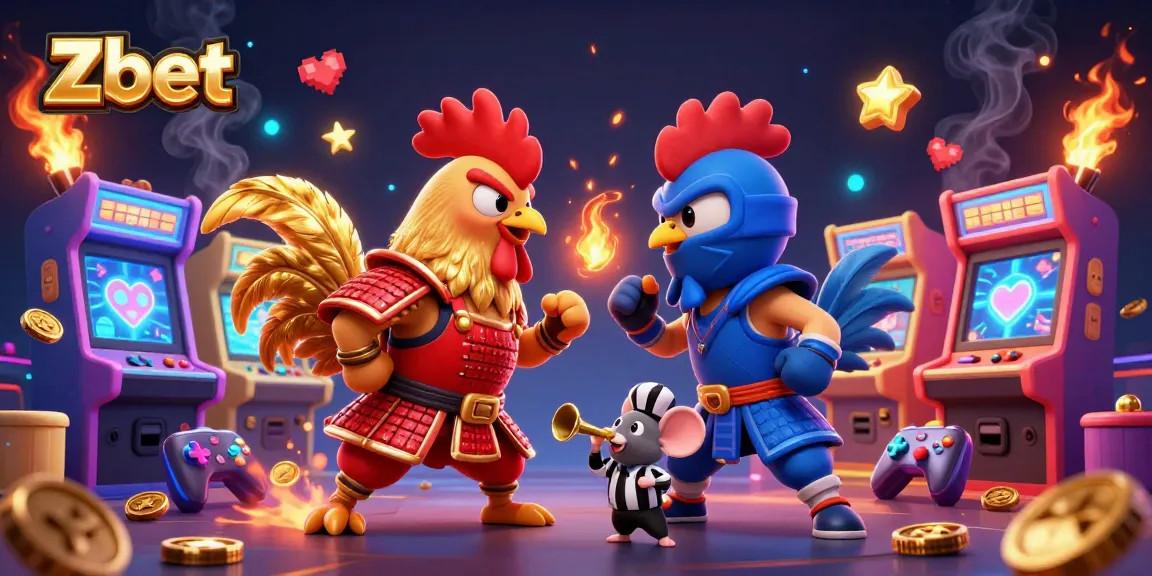 Zbet features twin cartoon fighting roosters in an animated standoff, showcasing vibrant casino-themed elements.
