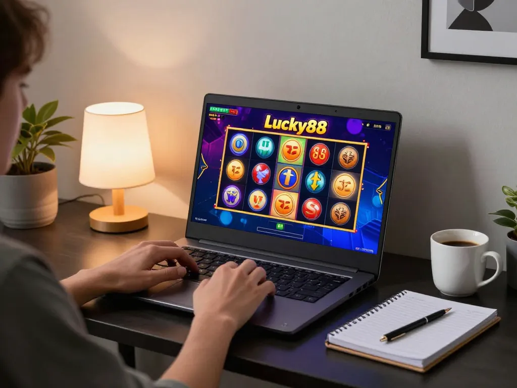 Playing lucky88 slot game on a laptop with vibrant reels and a cozy atmosphere
