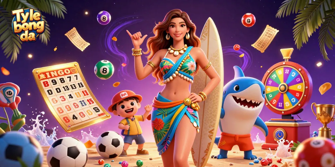Bet on Ty le bong da with a vibrant illustration of a beach goddess and a surfer shark surrounded by dynamic betting elements.