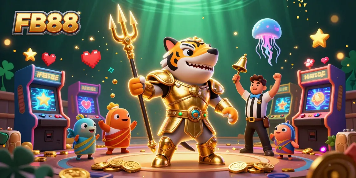 Engage in thrilling gaming action at FB88 with vibrant characters, arcade elements, and a unique casino atmosphere.