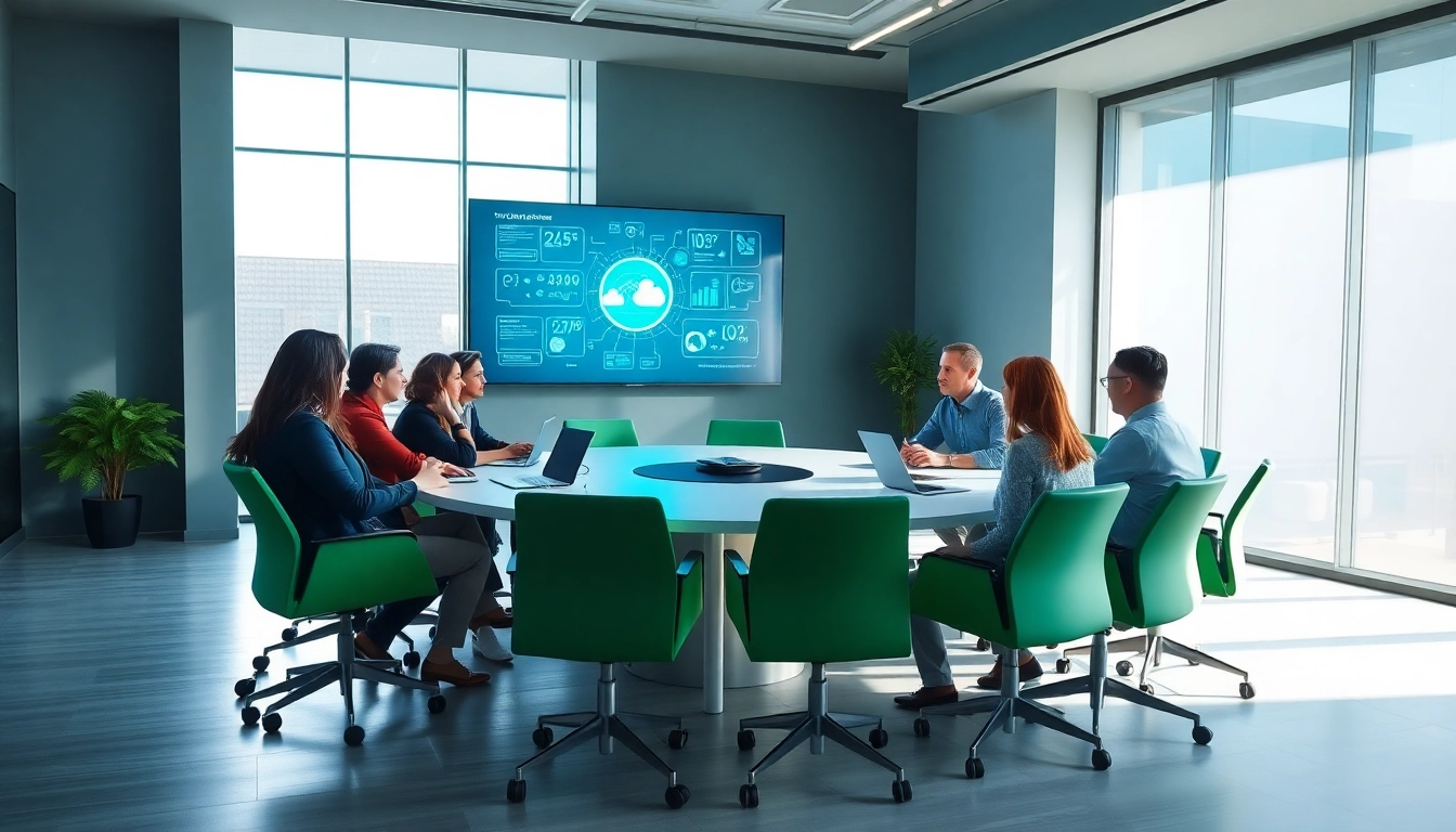 Engaged professionals discussing cloud phone systems for small business in a modern conference room.