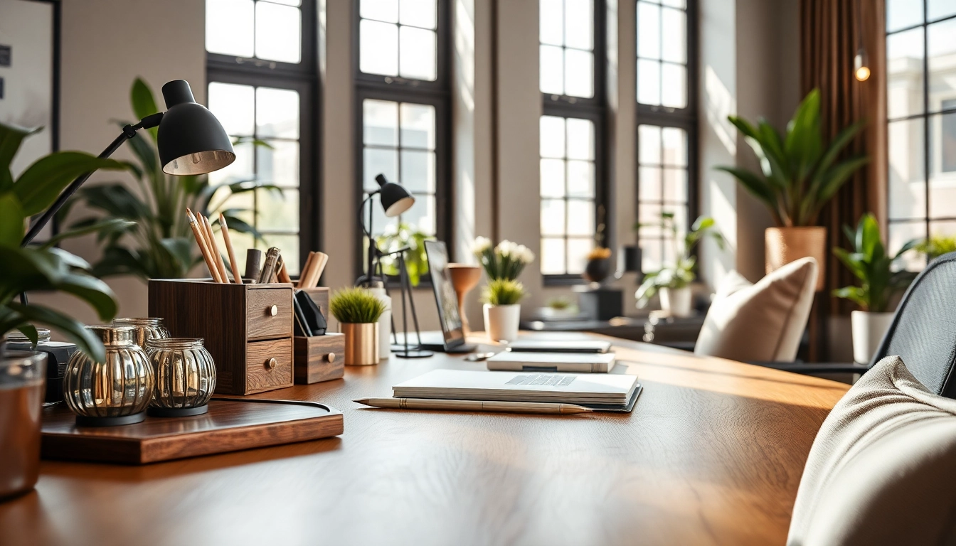 Furniture Accessories Supplier showcasing elegant desk accessories and cushions in a bright workspace.