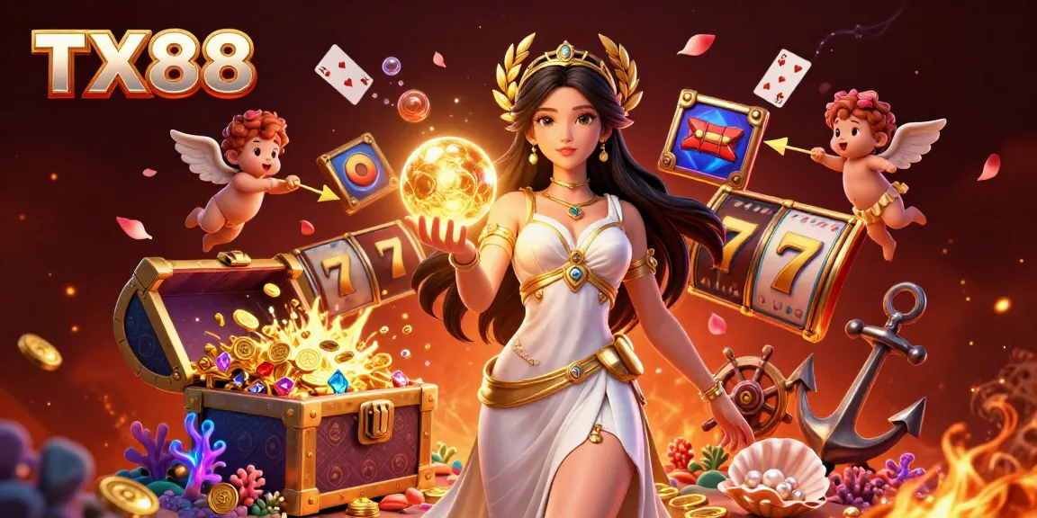 Experience the thrill of TX88 with captivating golden goddess imagery and dynamic slot elements.