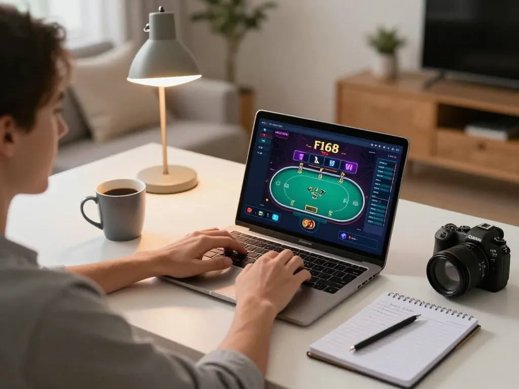 Person playing poker on F168 platform using laptop, showcasing home gaming atmosphere