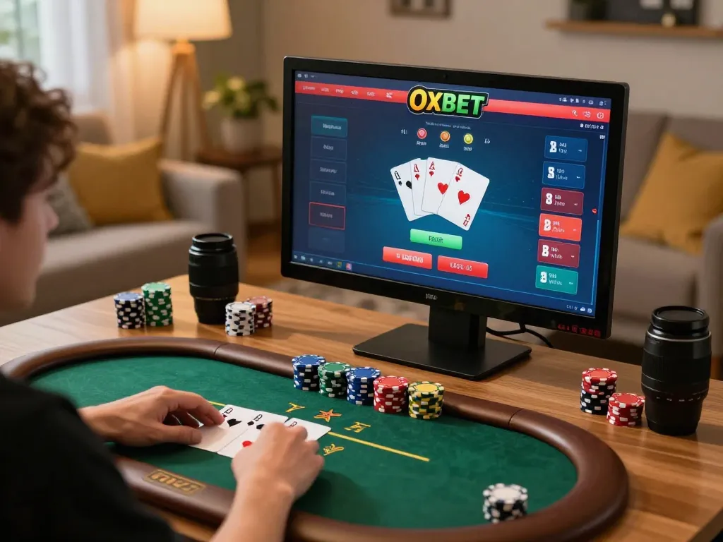 Player enjoying OXBET online poker from a cozy home setup, showcasing competitive gaming.