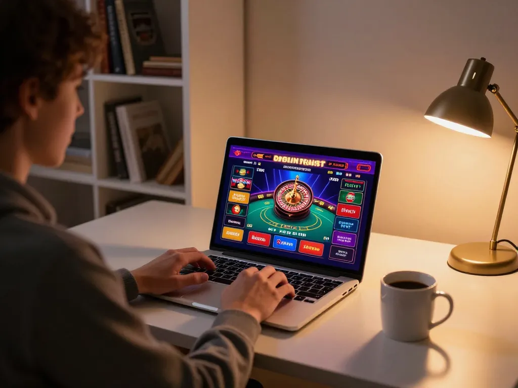 Person engaging in exciting online casino games with ok 8386 on laptop for strategic gameplay.