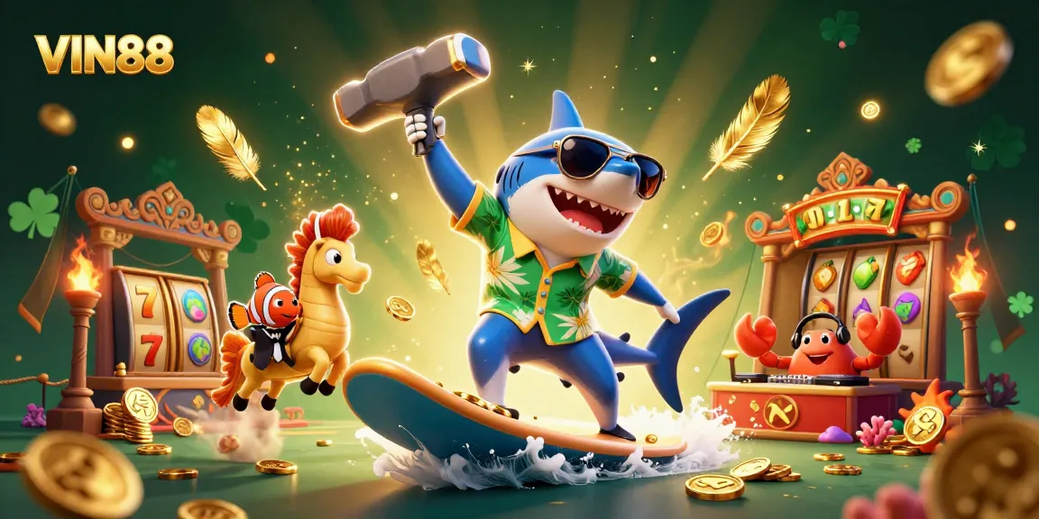 Join the fun at VIN88 with a cartoon shark surfing on gold coins in an exciting casino-themed scene.