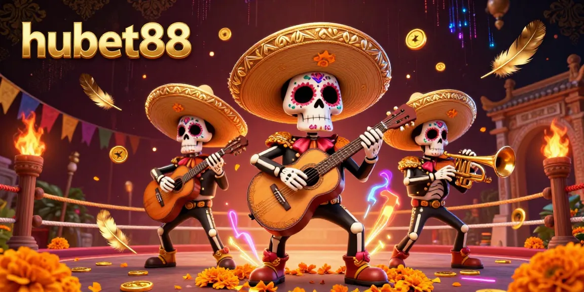 Experience winning moments with hubet88, a vibrant online casino scene featuring a mariachi band and gambling elements.