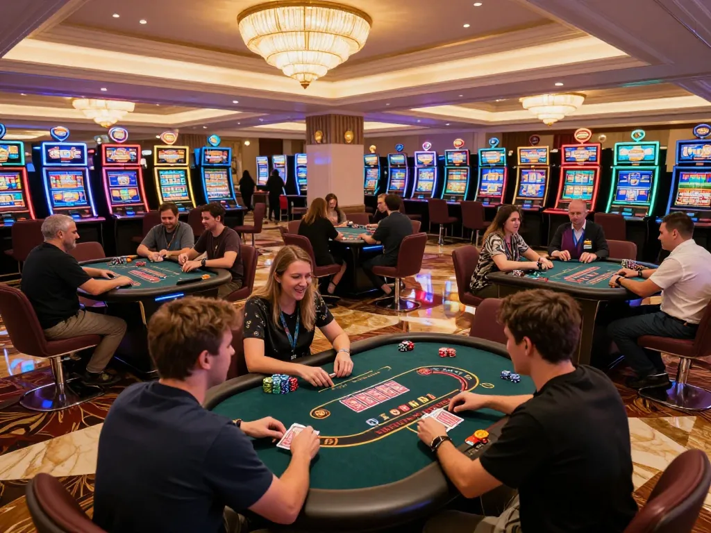 GO88 players engaged at a casino with thrilling gameplay, vibrant atmosphere, and exciting action.