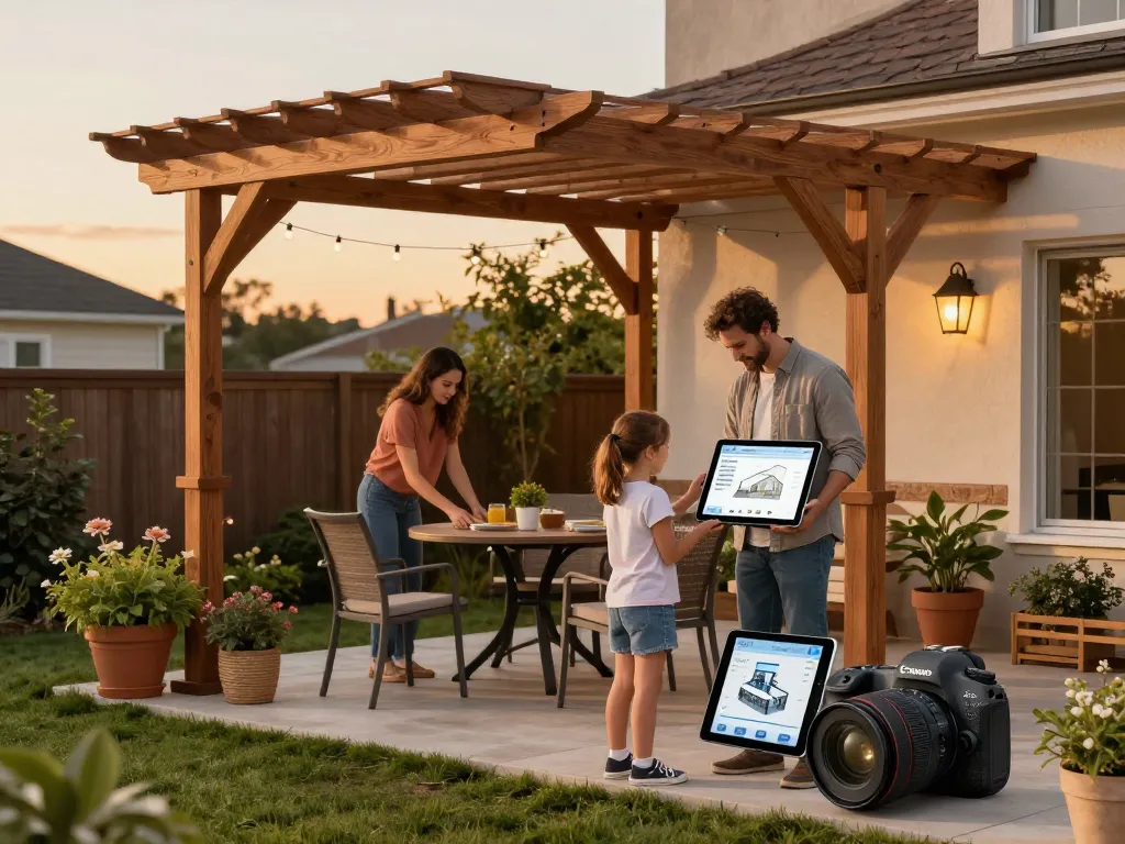 Family using a pergola configurator app to customize an outdoor pergola in a sunlit backyard.