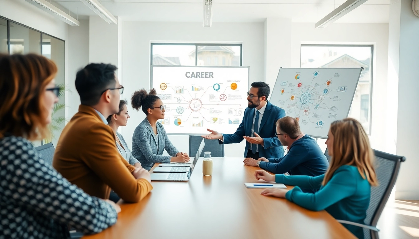 Learn how to find my perfect career with a professional consultant guiding a diverse group.