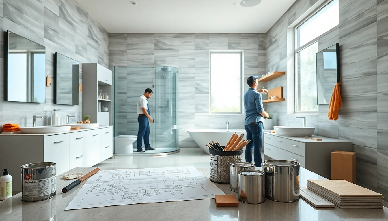 Bathroom builders near me renovating a modern space with sleek fixtures.