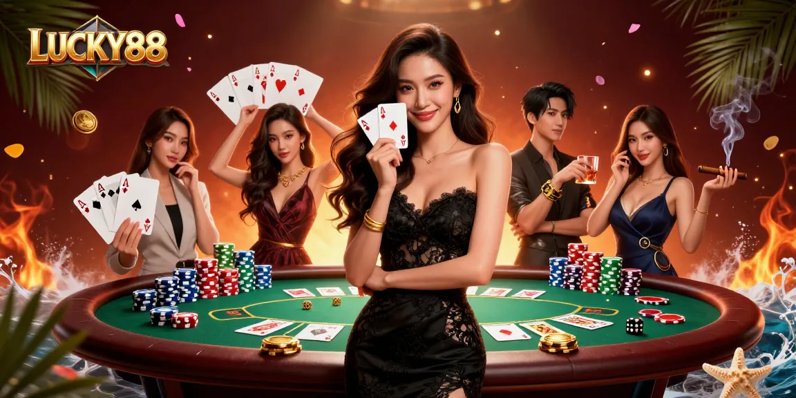 Experience thrilling gameplay with LUCKY88, featuring poker elements and a glamorous casino atmosphere.