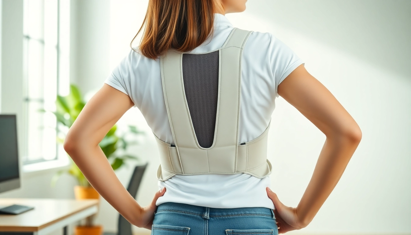Model demonstrating a posture corrector in a bright office, promoting healthy posture.