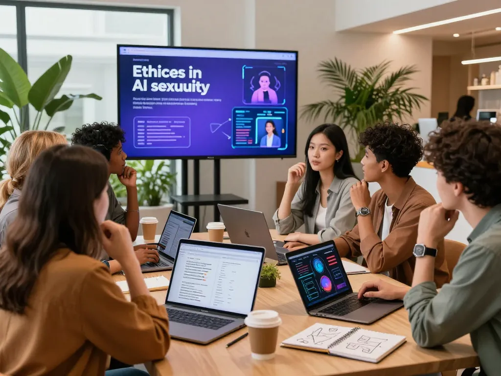 Discussion on sex AI technology ethics in a modern lounge, showcasing diverse individuals using laptops.