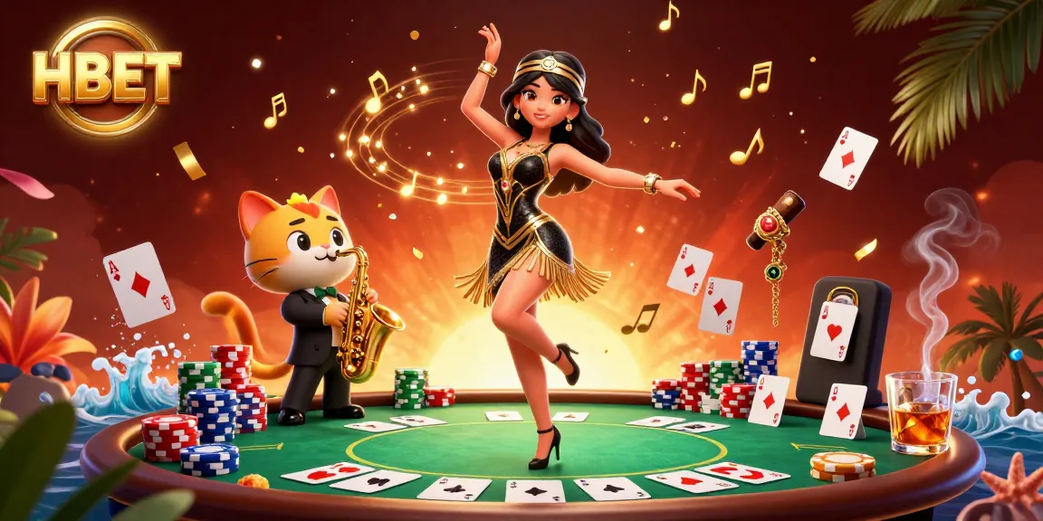 Experience HBET casino excitement with a dancing flapper and saxophone cat over poker chips.