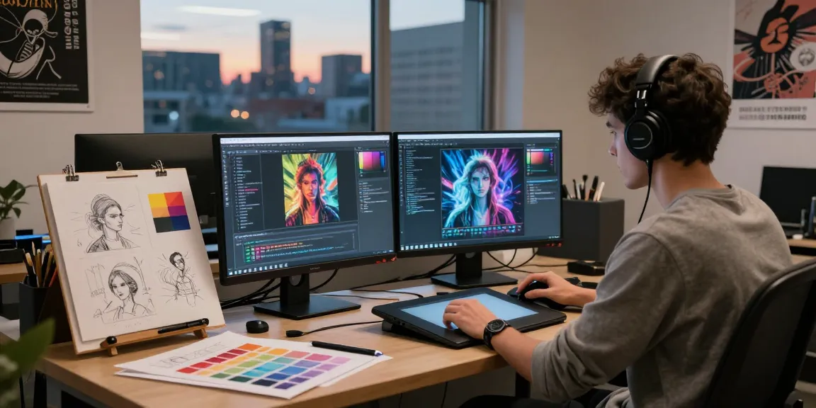 Creative individual generating NSFW AI art in a digital studio with vibrant city views.