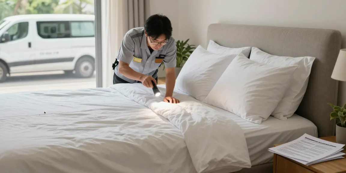 Bed bug exterminators inspecting a bedroom for pests with professional care and attention.