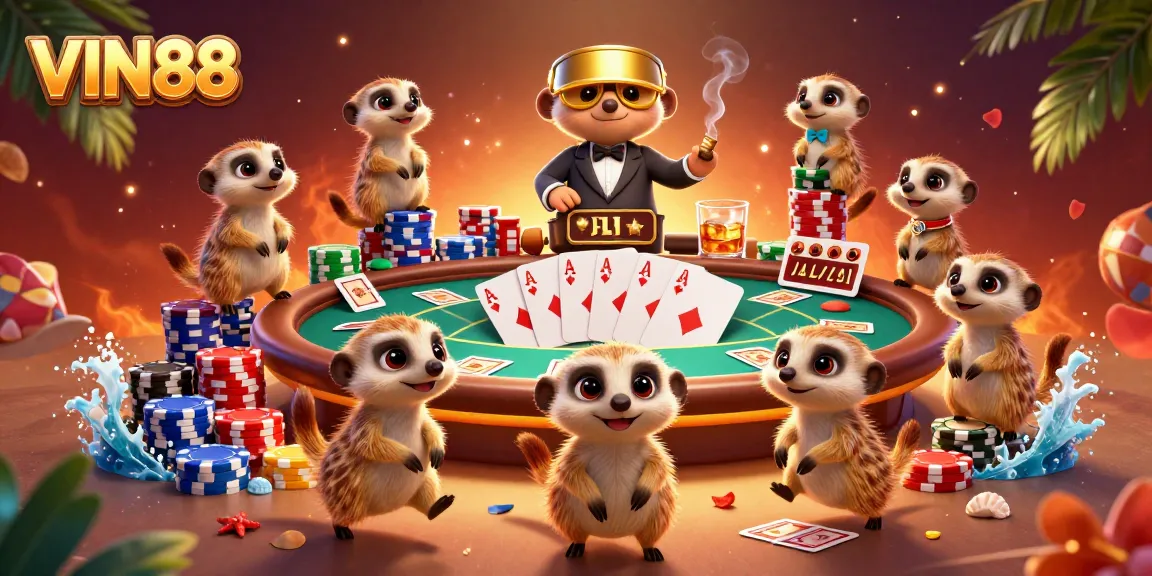 VIN88 meerkats run a live casino operation, mixing excitement with vibrant gaming elements.