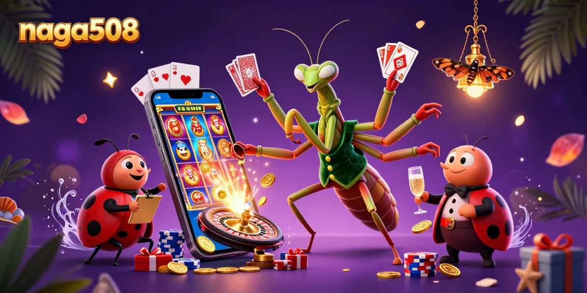 Naga508: Experience the vibrant world of online slots with a colorful display of games, chips, and prizes.