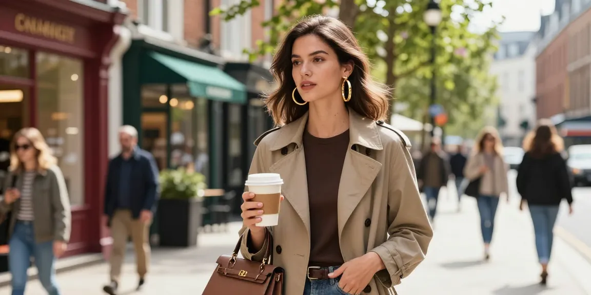 Chic woman wearing gold vermeil hoop earrings uk in an urban setting, embodying modern fashion.