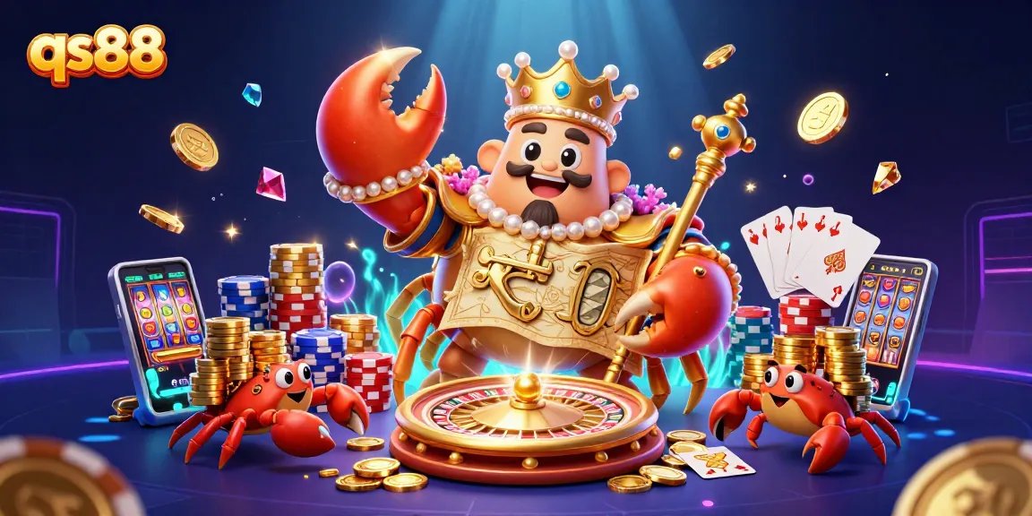 Experience qs88's thrilling casino world with a grand crab emperor amidst sparkling jewels and dynamic game elements.
