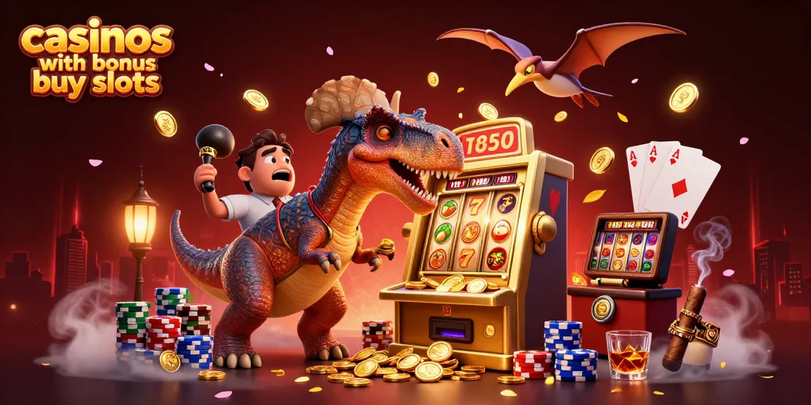 Experience fun at casinos with bonus buy slots, where a dinosaur celebrates a jackpot!