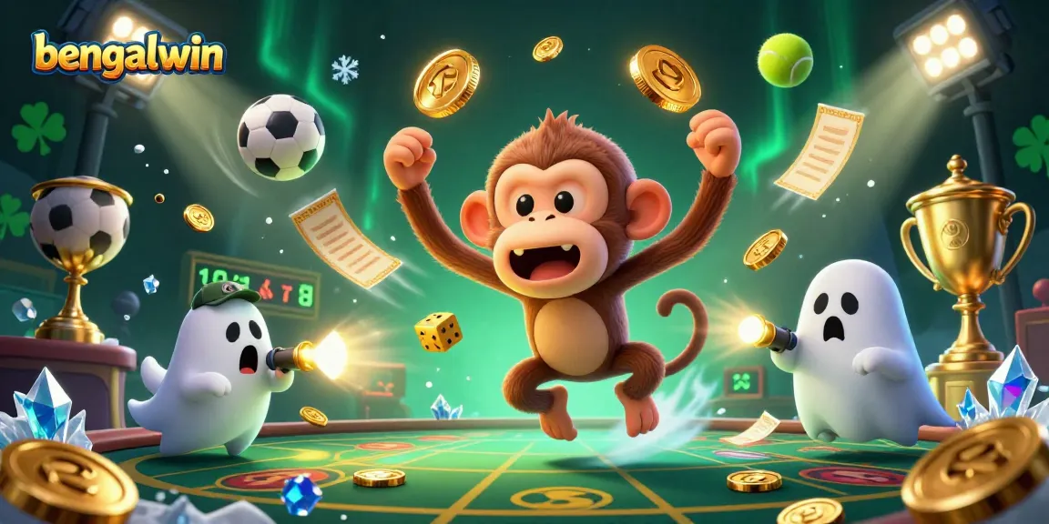 Bengalwin enhances excitement with a playful poltergeist monkey juggling golden rewards in a dynamic casino scene.