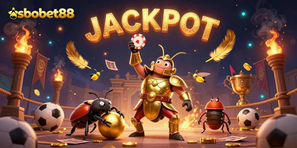Win big with sbobet88 while a heroic beetle celebrates victory in a colorful betting arena.