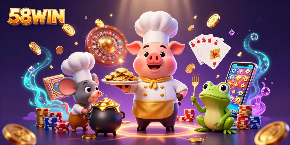 Experience the excitement of 58WIN with a vibrant 3D scene featuring gold coins, roulette wheel, and whimsical characters.