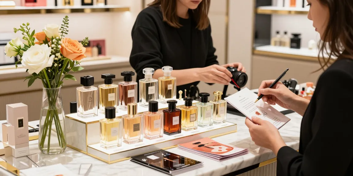 Raza for greatness - elegant perfume display in a luxury boutique featuring diverse fragrance bottles and beauty consultant