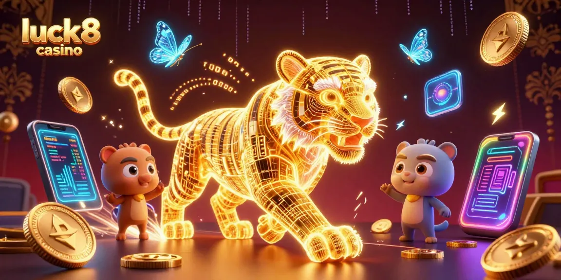 Experience dynamic gameplay with luck8 casino illustrated by a neon-wireframe golden tiger in a digital casino.