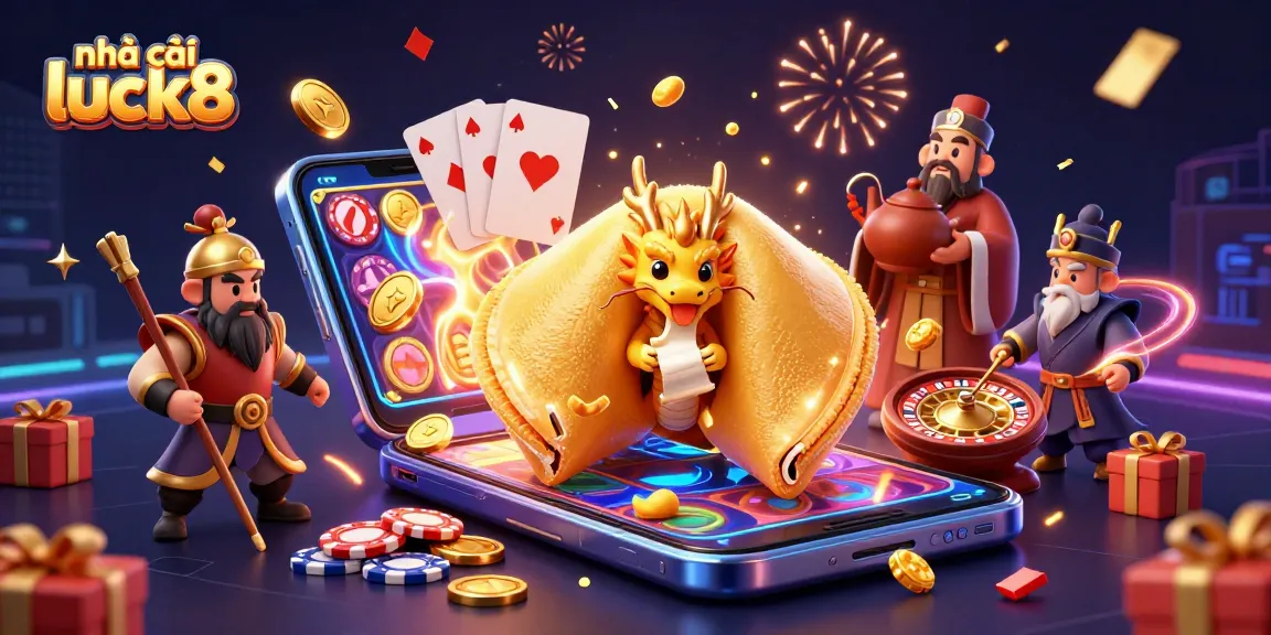 Engage with nhà cái luck8 through a vibrant, dynamic illustration featuring a golden cookie and magical elements.