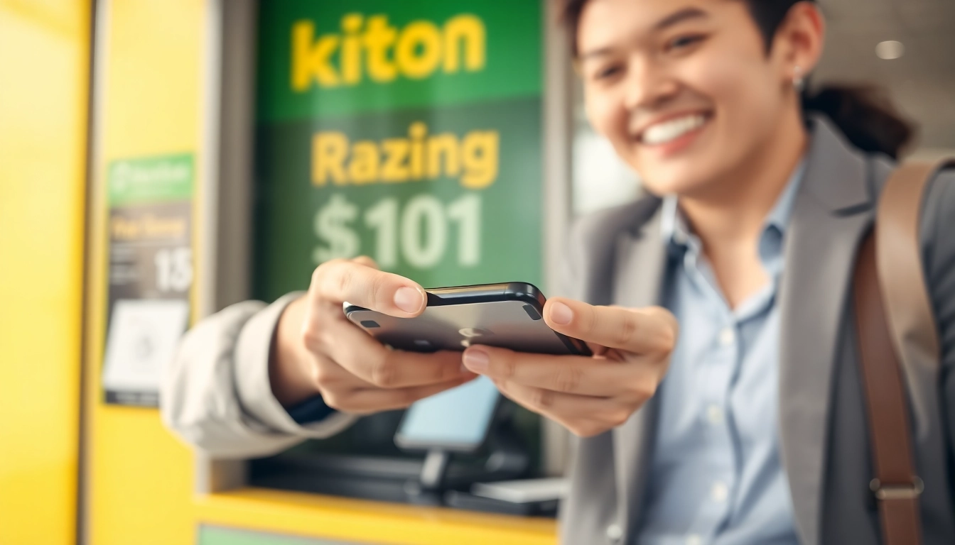 Sell Phone Cash transaction with a happy customer at a kiosk, showcasing a phone exchange.