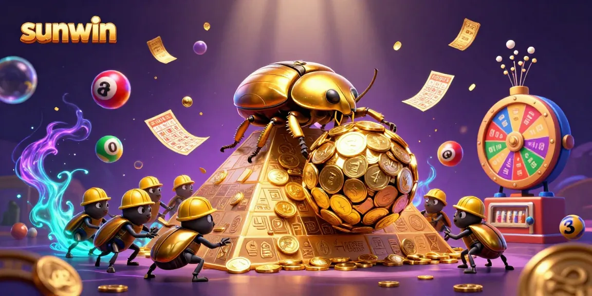 sunwin showcases winning strategies with a golden beetle rolling coins amidst vibrant casino elements