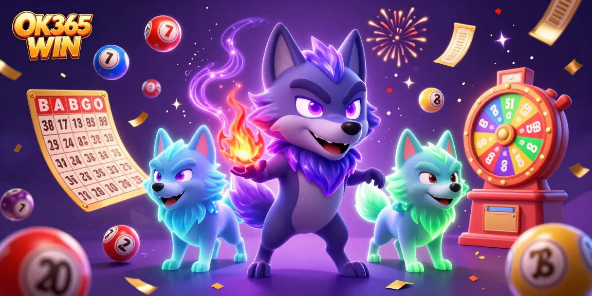 Experience the thrill of gaming with OK365 WIN amidst vibrant lottery elements, wolf characters, and dynamic contest imagery.