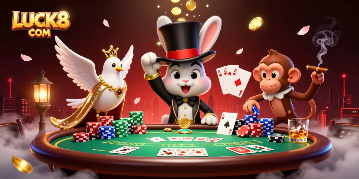 Engage with the excitement of LUCK8 COM as a magician conjures coins amidst a vibrant casino scene.