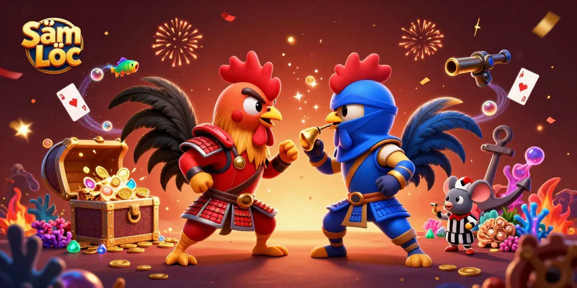Sâm Lốc players strategize in a vibrant and dynamic gambling showdown with animated roosters.