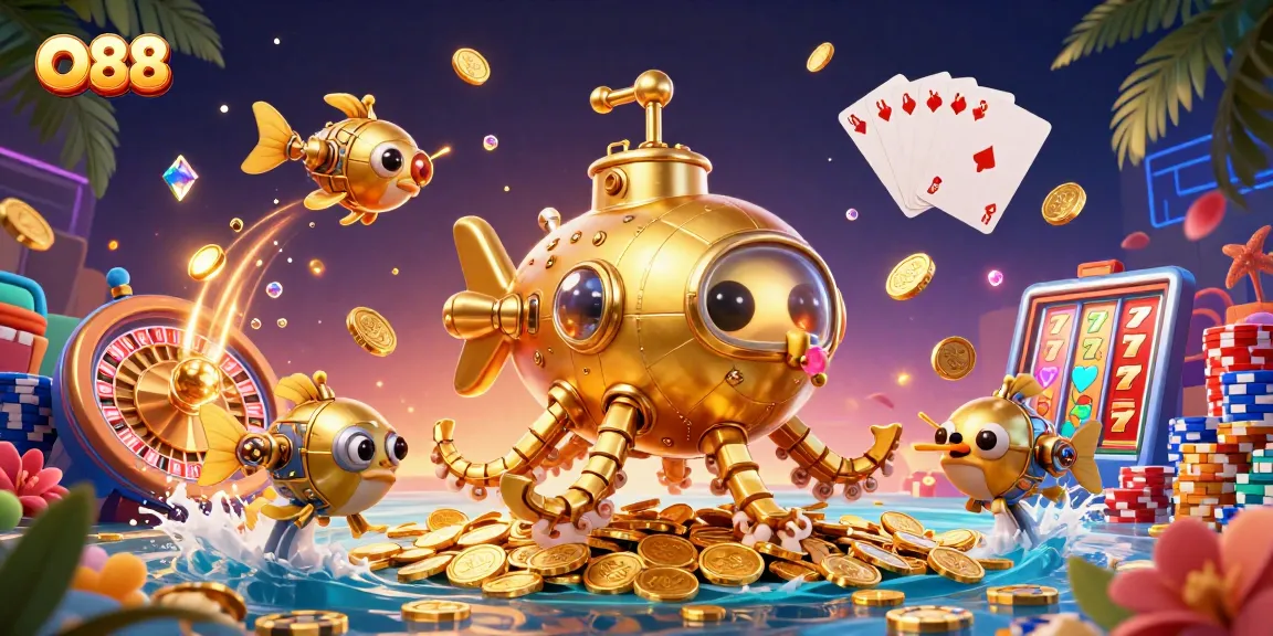 Experience thrilling gameplay at O88 with 3D golden kraken submarine and dynamic casino elements.