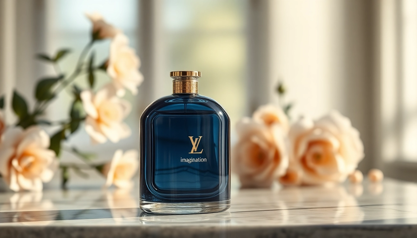 Showcase of Lv imagination fragrance bottle surrounded by elegant flowers on marble