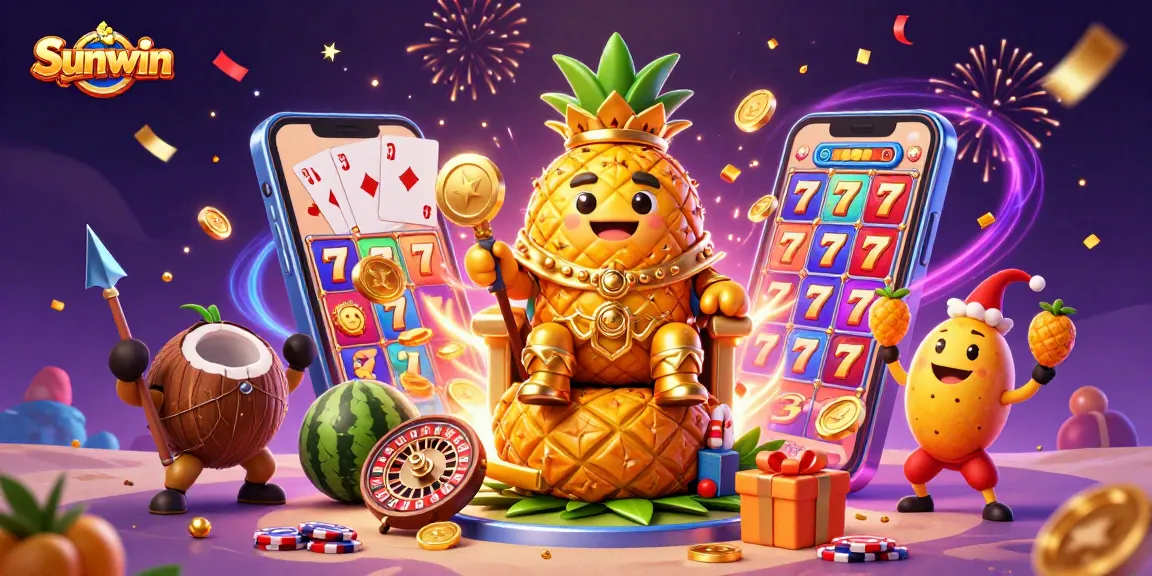 Experience exhilarating gaming with Sunwin featuring a vibrant golden pineapple king and dynamic casino elements.