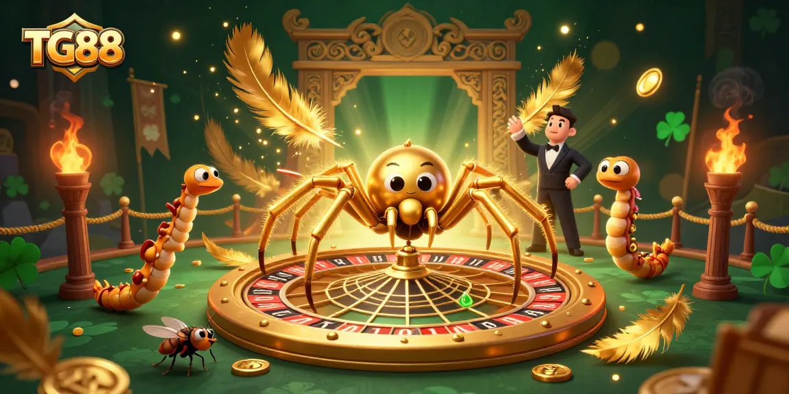 Engage with exciting betting opportunities at TG88 as a fly nervously places bets at a roulette wheel crafted by a golden spider.