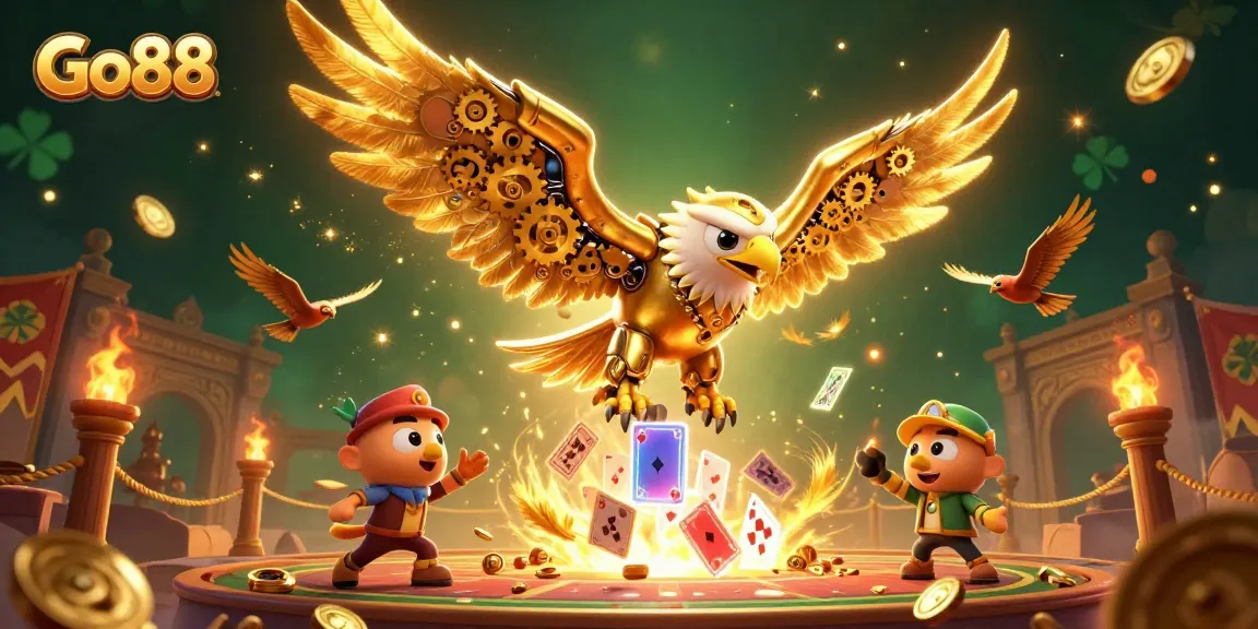 Engage in thrilling gameplay at Go88 while a cybernetic golden eagle navigates through holographic cards and golden coins.