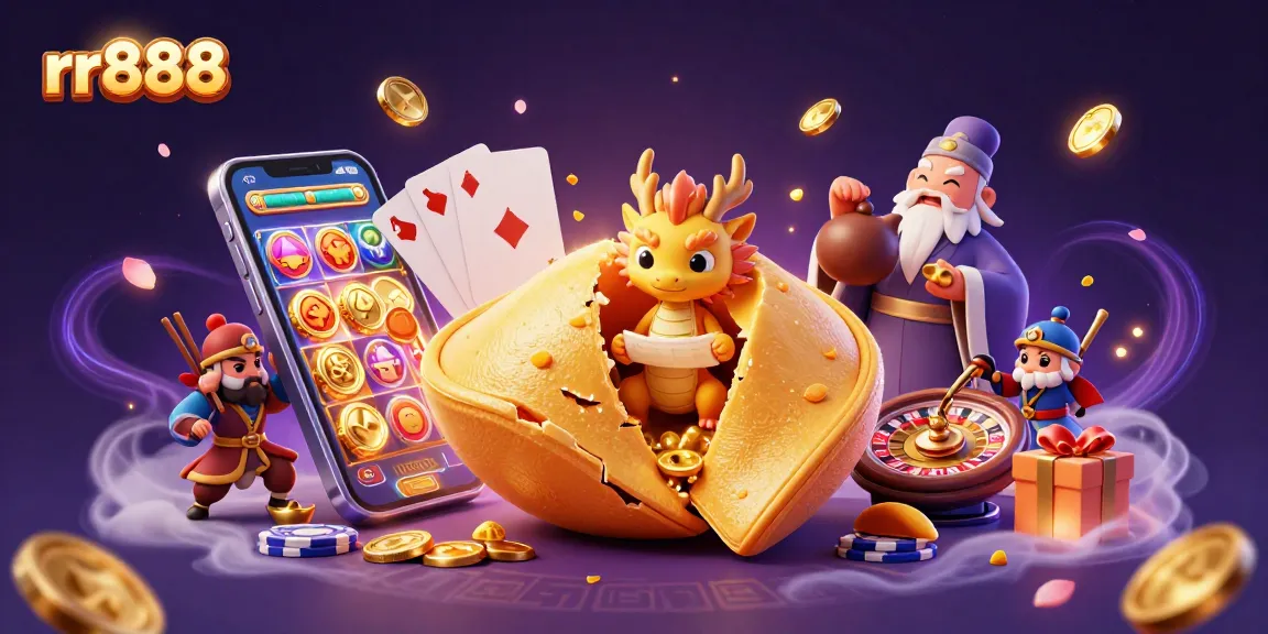 Engage in thrilling gaming action with rr888 as the giant fortune cookie reveals fortunes surrounded by vibrant casino elements.