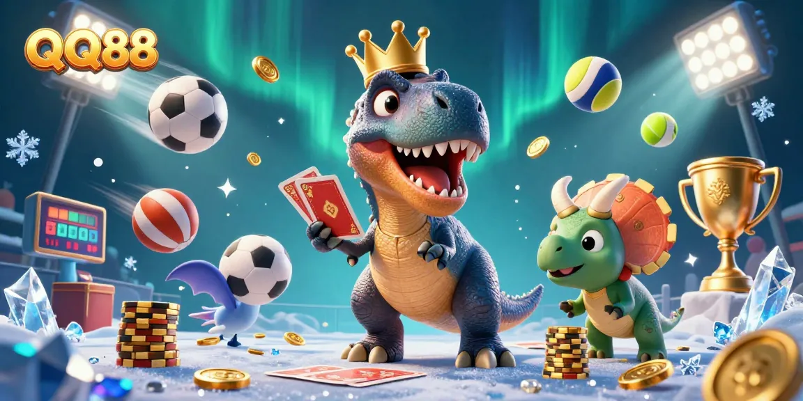 Experience the thrill of QQ88 with a vibrant casino scene featuring a T-Rex shuffling cards and exciting game elements.