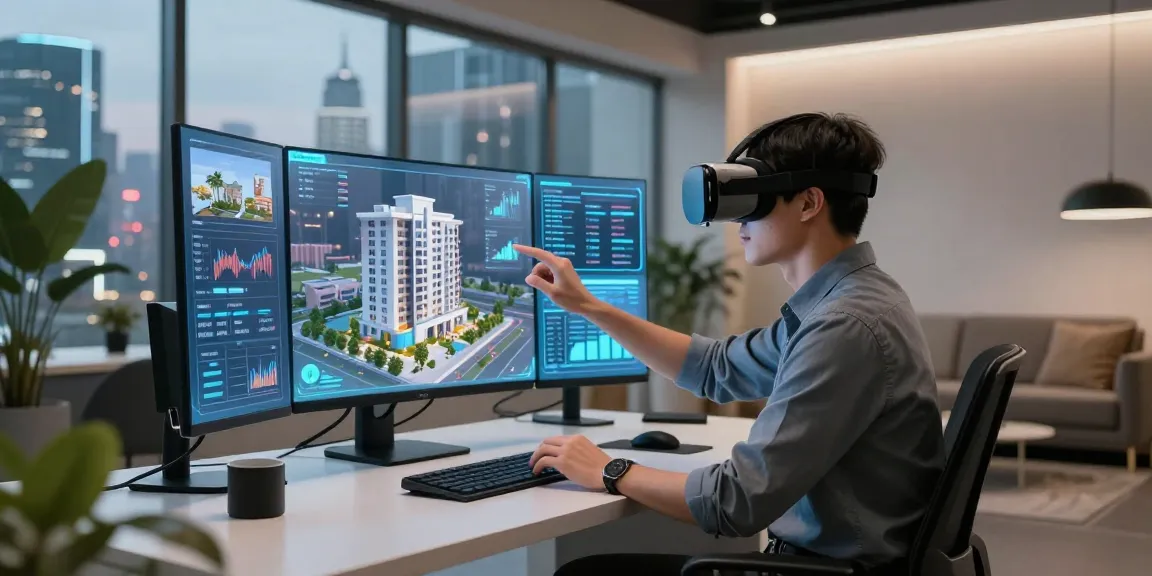 Engaging in a rokok88 login session in a futuristic workspace, exploring virtual property investment.