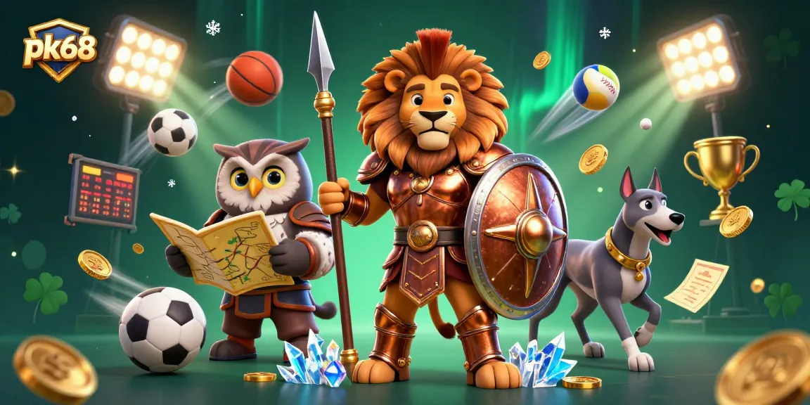pk68 engages players with a thrilling 3D cartoon scene of gaming, sports elements, and dynamic visuals.