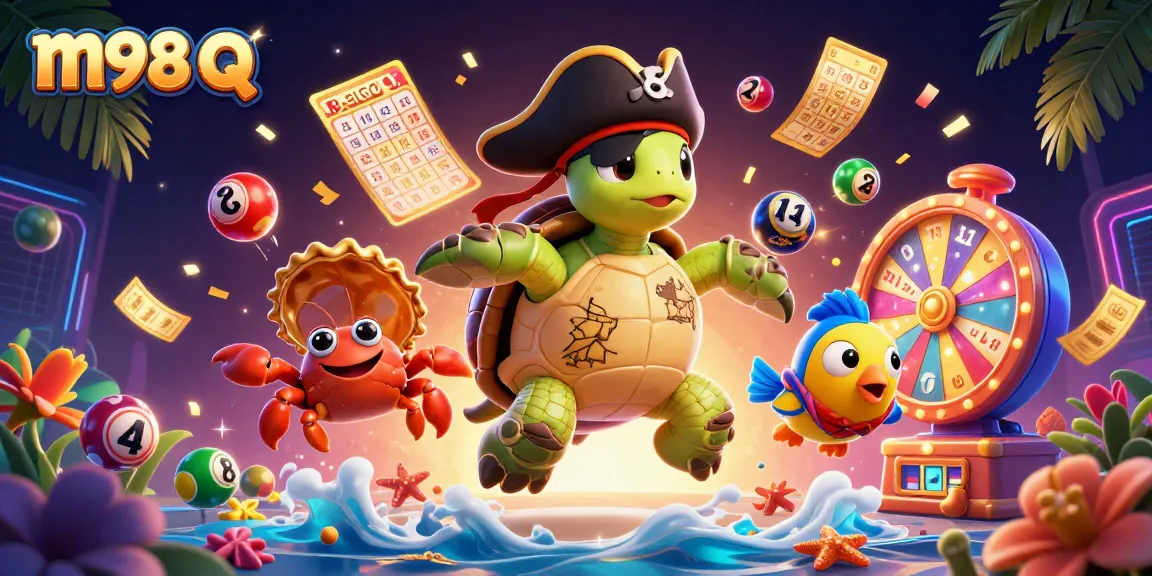 Engage with m98 q as a playful turtle explore a treasure scene filled with bright lottery elements.