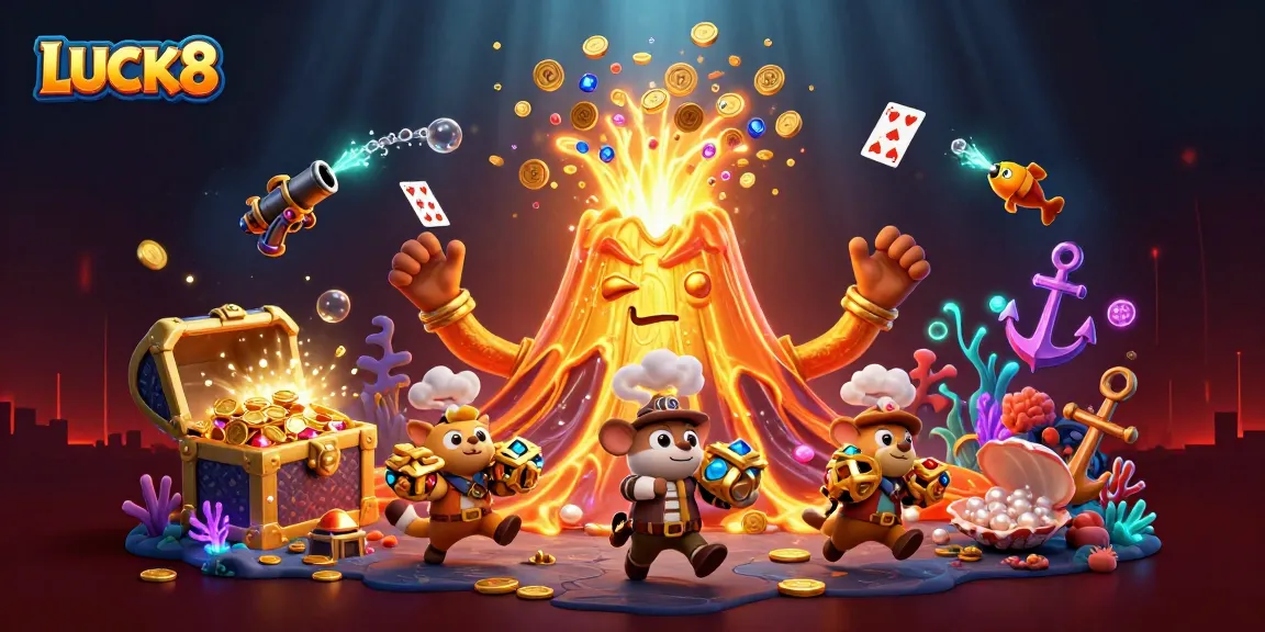 Win big at LUCK8 with vibrant casino illustrations showcasing treasure and excitement